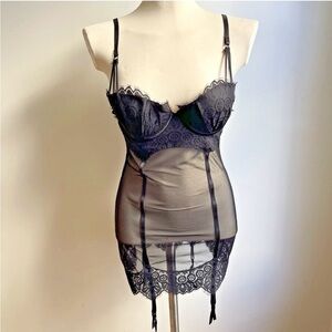 NWOT Frederick's of Hollywood Garter Slip Lingerie Lace Sheer Black Thong Medium